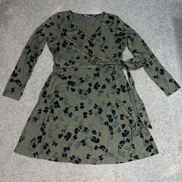 Toad & Co Cue Faux Wrap Long Sleeve Dress Floral Olive‎ Green Large - Picture 2 of 8